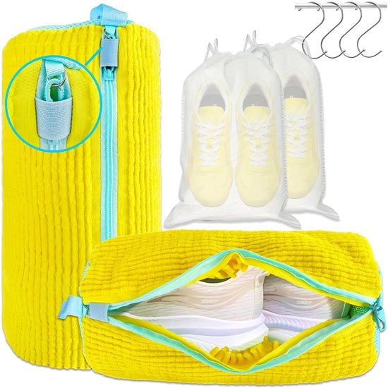Sacco per scarpe XXL da lavatrice - 2-pack, sacchi per scarpe riutilizzabili, 360° pulizia all-around per scarpe da ginnastica, bambini, inclusi 2 sacchi impermeabili, 4 ganci (gialli)