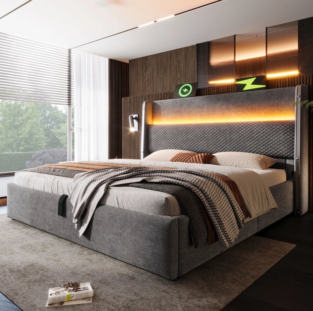 Letto matrimoniale 180x200 cm con LED, USB/Type-C e contenitore
