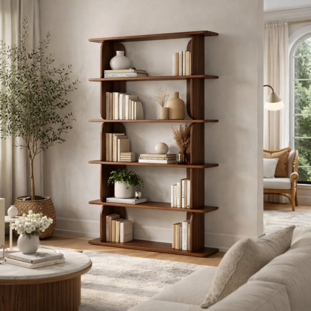Libreria Contemporanea Con 5 Ripiani A Giorno Design Minimal In Melaminico Per Soggiorno Salotto Studio Corridoio Zona Living E Ufficio 120 X 181.5 X 34 Cm Noce