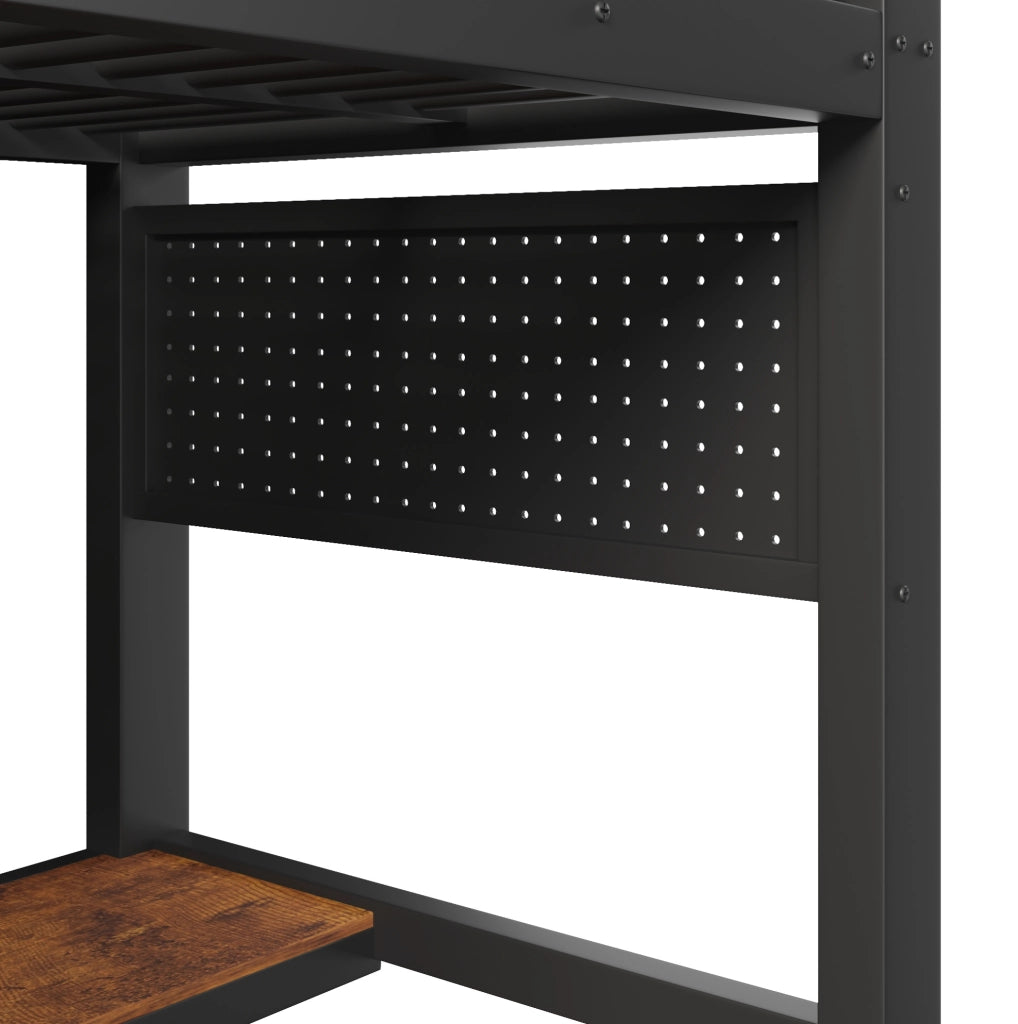 Letto a soppalco 90x200 cm in metallo con scrivania, LED e scaffali