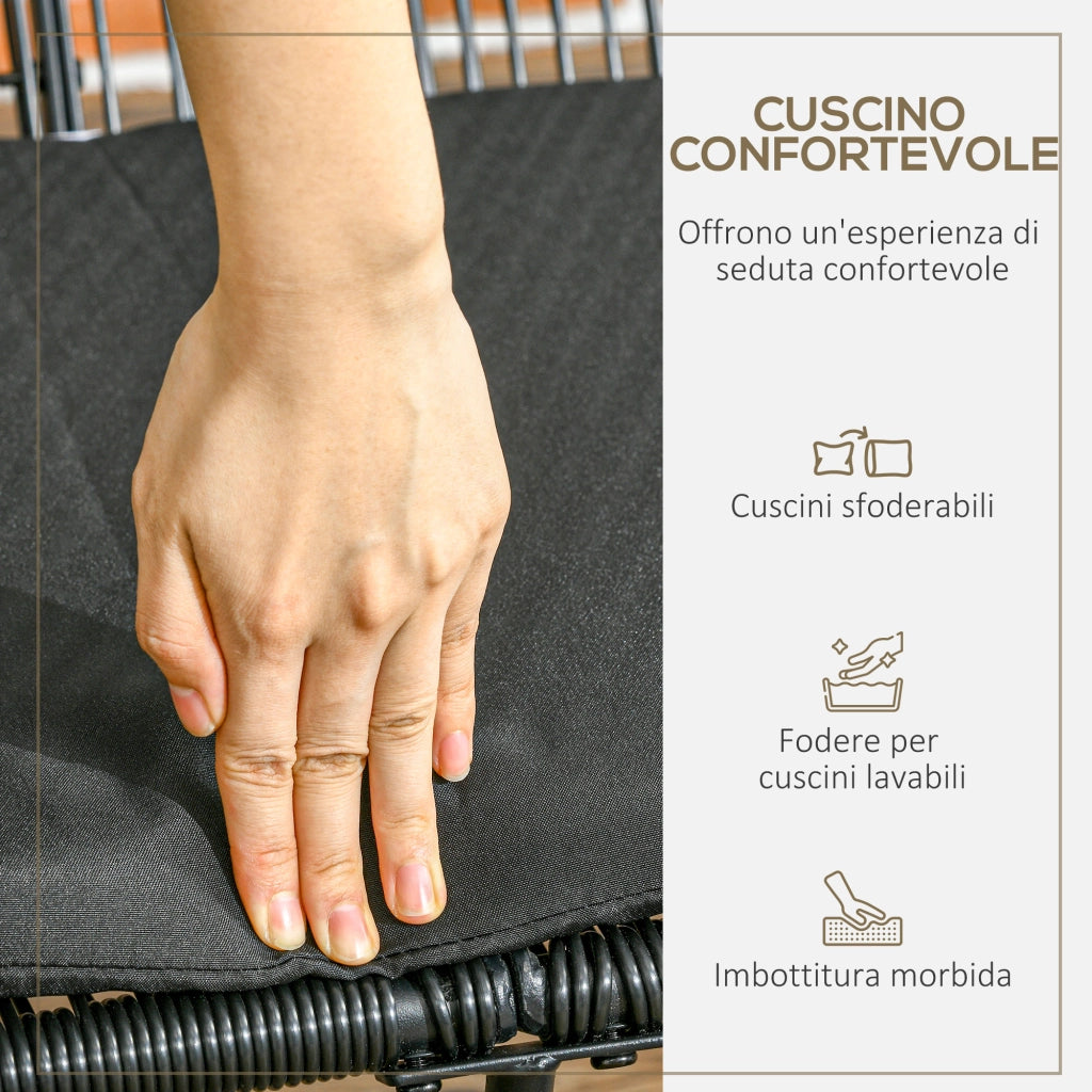 Divano da Giardino 2 Posti 132x72x83 cm con Cuscini e Braccioli in Rattan PE e Acciaio Nero