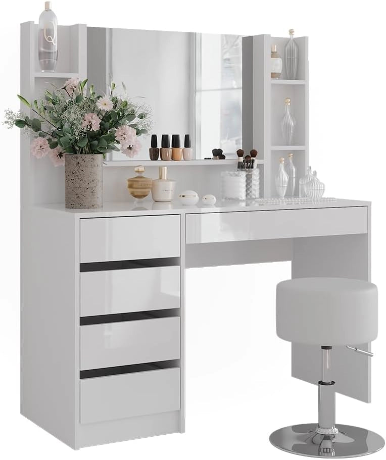 Tavolo da toeletta Sherry, Bianco/bianco lucido, 119.8 cm 5 parti