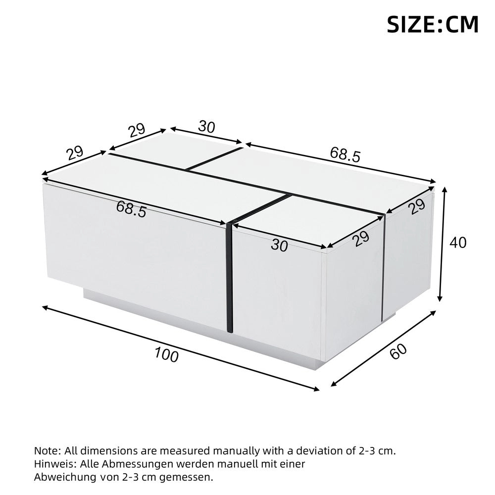 Tavolino da Caff¨¨ Quadrato con 4 Cassetti e Piano Scorrevole ¨C MINIMAL ¨C Bianco Lucido 100x60x40