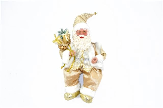 Decorazione Natalizia Babbo Natale con Carillon Seduto Panna e Oro 45 cm
