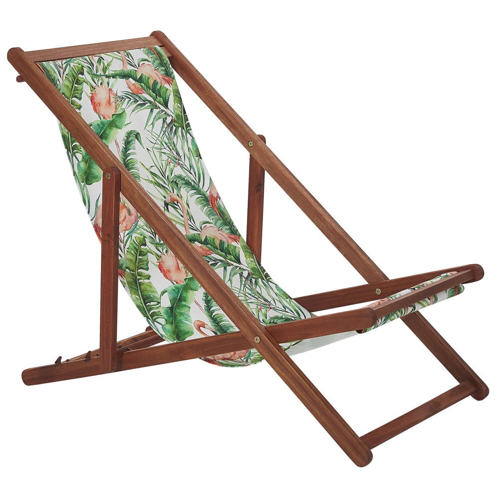 Set di 2 sedie a sdraio da giardino con struttura in legno di acacia scuro motivo fenicottero in tessuto amaca sedile reclinabile