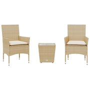 Set da Bistr¨° 3 pz | Set Salotto da Giardino con Cuscini Beige Polyrattan e Vetro