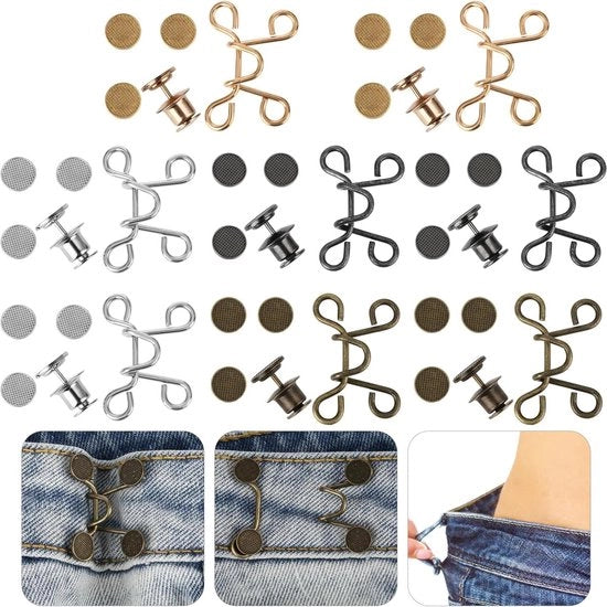 8 Set di Viti per Jeans - Viti con Regolazione senza Spillo - Spille per Jeans con Funzione di Blocco - Chiusure per Jeans Rimosibili
