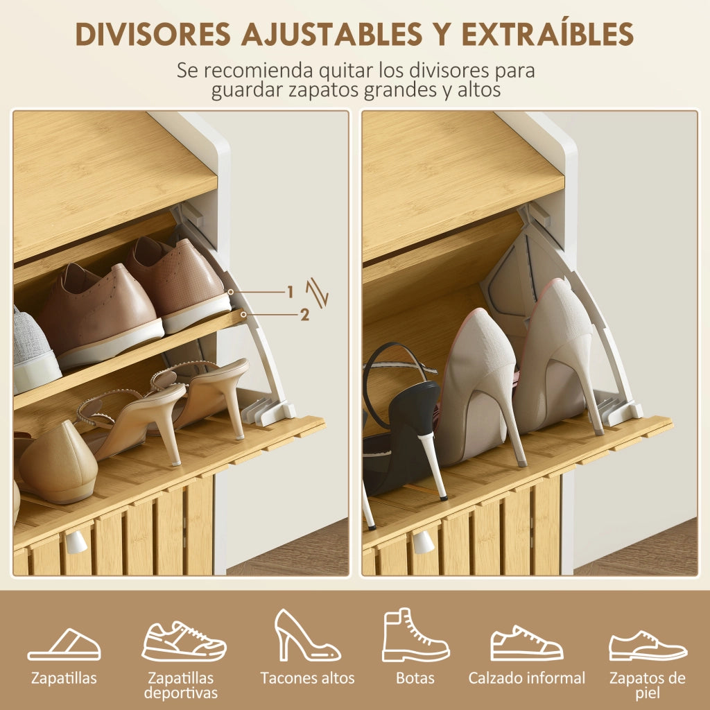 Armadio per Scarpe con 2 Ante in Bamb¨´ e Ripiani Regolabili ¨C Minimal ¨C Bianco e Naturale