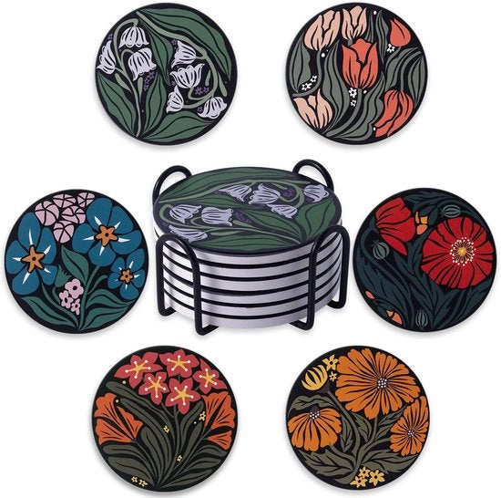 Set da 6 sottofondi ceramici, con supporto, per tavolo salotto, assorbenti per bevande, decorazione per cucina e sala da pranzo, diametro circa 10 cm, fiorale.