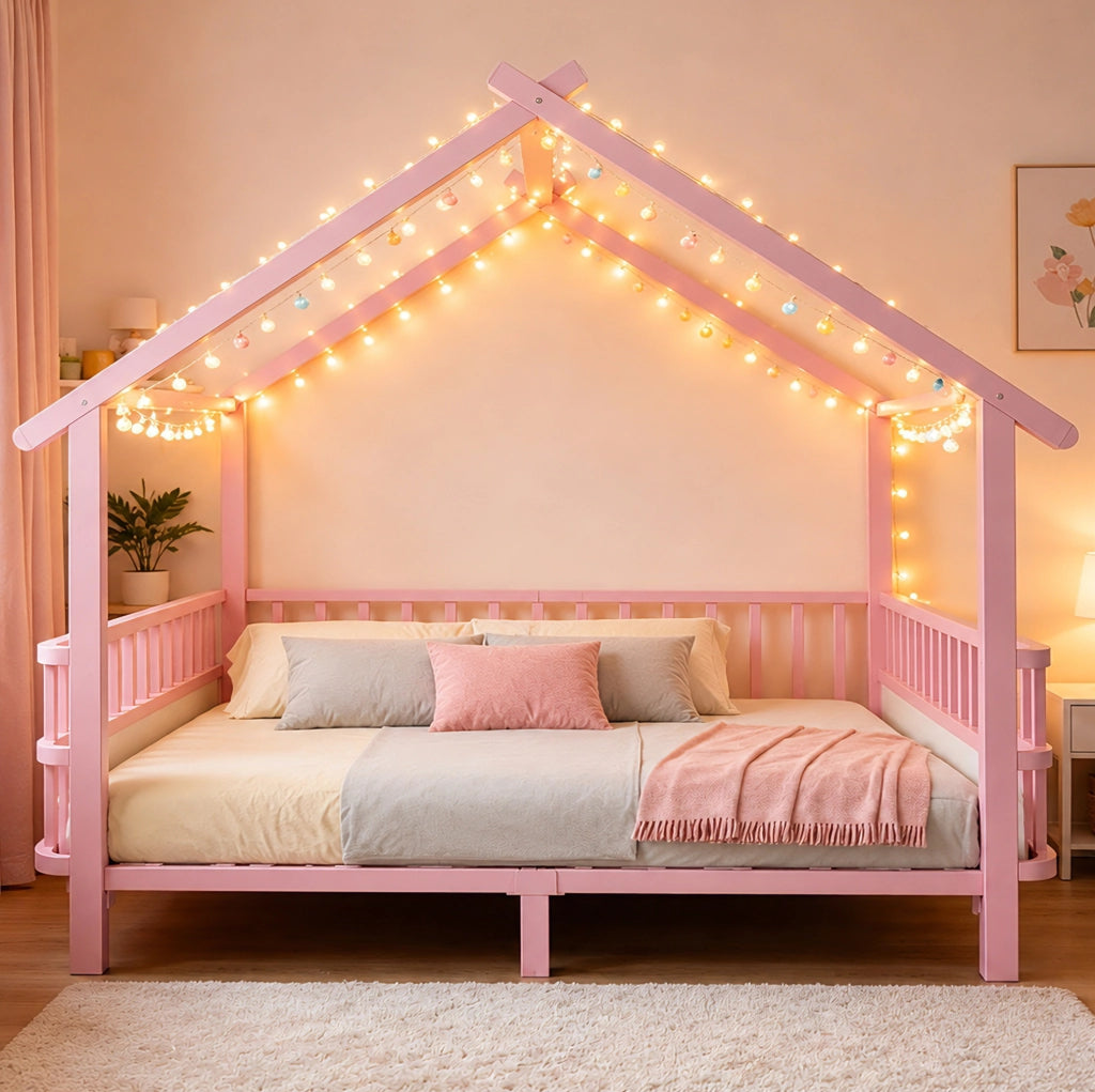 Letto per bambini a casetta in metallo rosa 140x200 cm