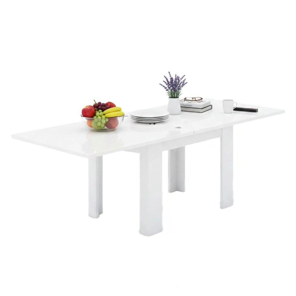 Tavolo da pranzo con apertura a Airin, Made in Italy, Consolle ausiliare da cucina, Tavoloallungabile, cm 90x90h75, Bianco lucido Larice