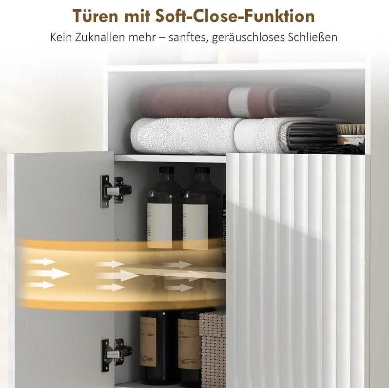 Mobile bagno in MDF bianco con ante soft-close e 2 ripiani aperti, gambe coniche dorate