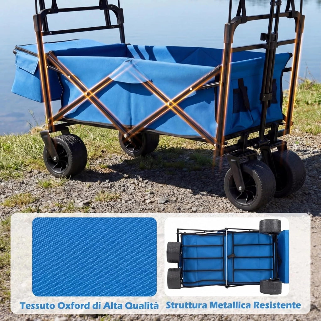 Carrello Pieghevole con Tetto, Carrello Trasportabile con Maniglia Regolabile, Borsa Portaoggetti e Ruote Grandi, Carrello da Giardino Capacità 100L, per Campeggio e Animali Domestici (Blu)