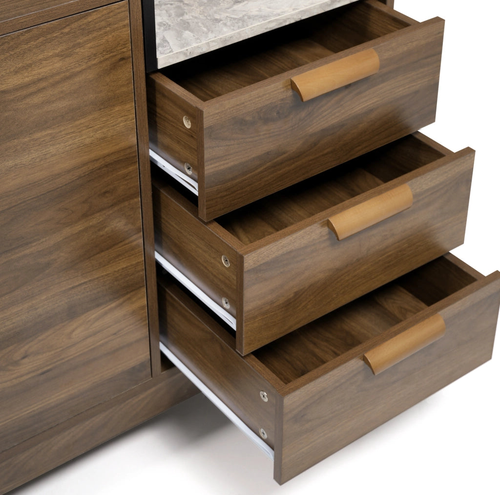 Credenza moderna rovere scuro con piano effetto marmo, 3 cassetti e ripiani regolabili