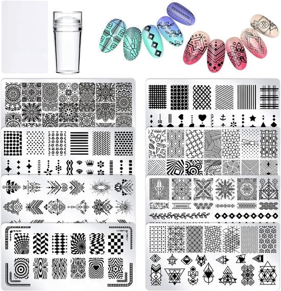 Kit di Stampaggio per Arti del Nail - 8 Tavole di Stampaggio con Stampatore/Scraping - Fiori/Linee/Pattini Geometrici - Protesi per Nail - Disegni Creativi - Adatto per Salone - Set di Stampaggio per Nail