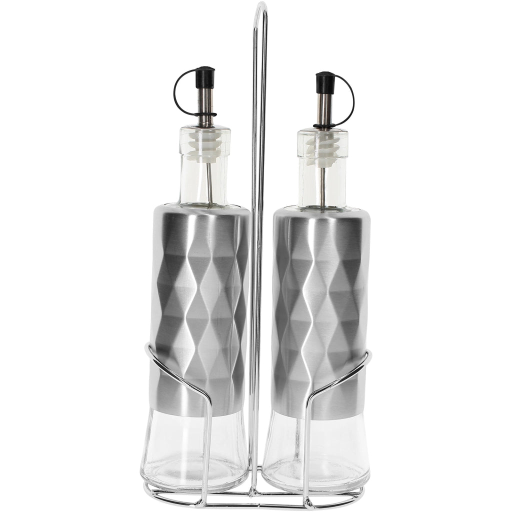 Bottiglie in acciaio inox e vetro per olio e aceto, 2 x 320 ml, con supporto solido Argento Cheffinger