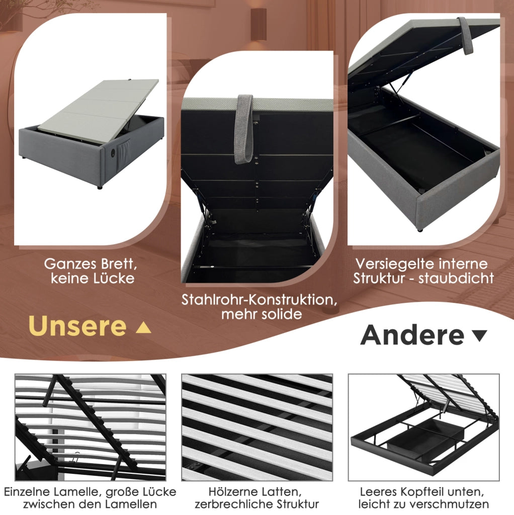Letto singolo 90x200 cm con contenitore idraulico; USB e USB-C; in cotone e lino grigio