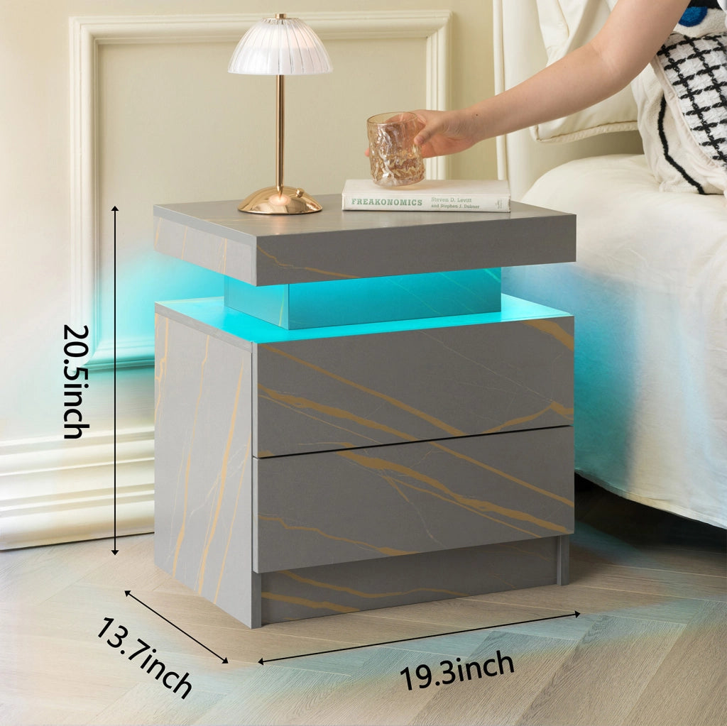 Comodino moderno DESMIU con luci LED regolabili e 2 cassetti, colore grigio oro