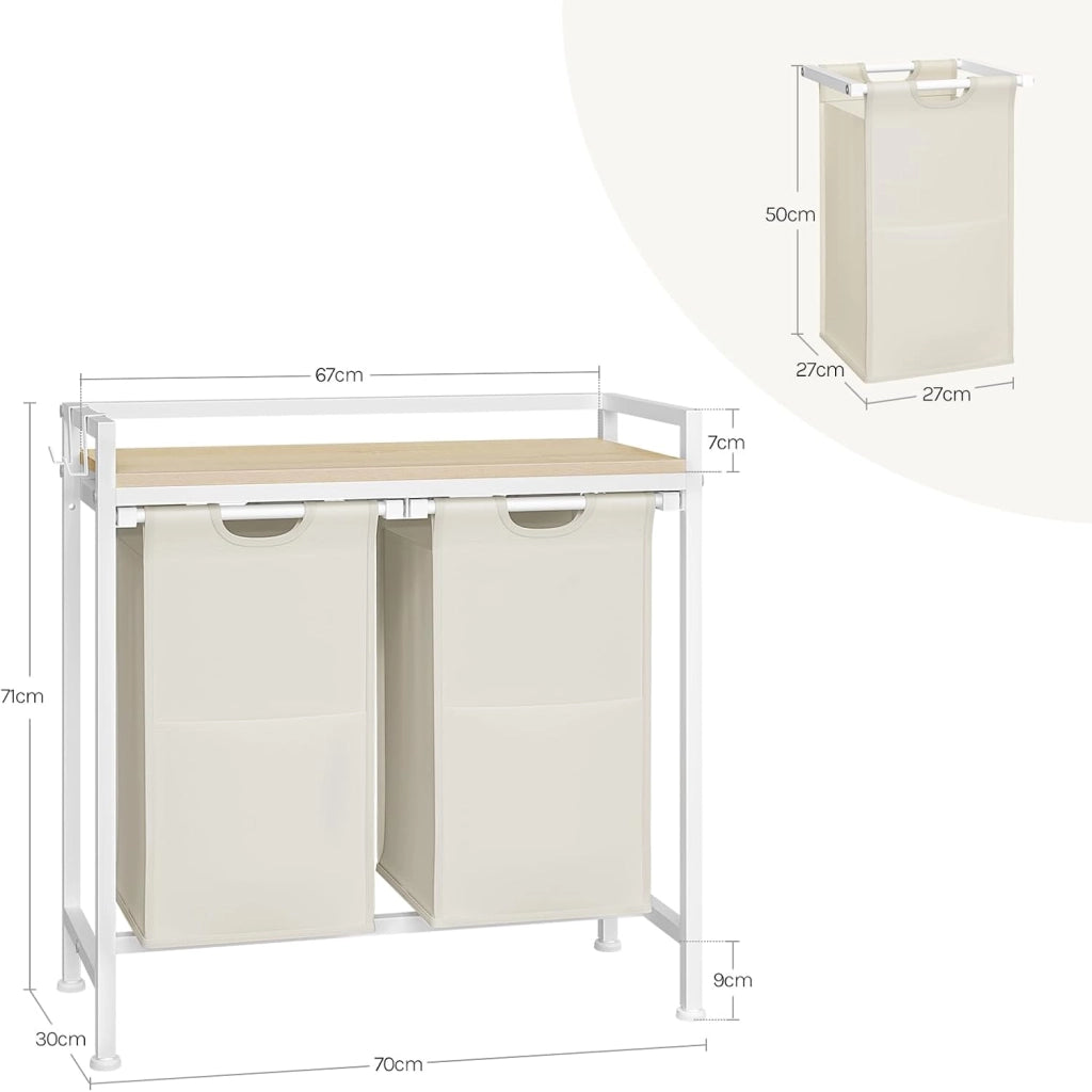 Cesta Biancheria a 2 Scomparti, Cestino Biancheria Sporca con Struttura in Metallo, Sacco per Bucato Rimovibile in Tessuto Oxford, Capacità 40L per Cesto, Bianco