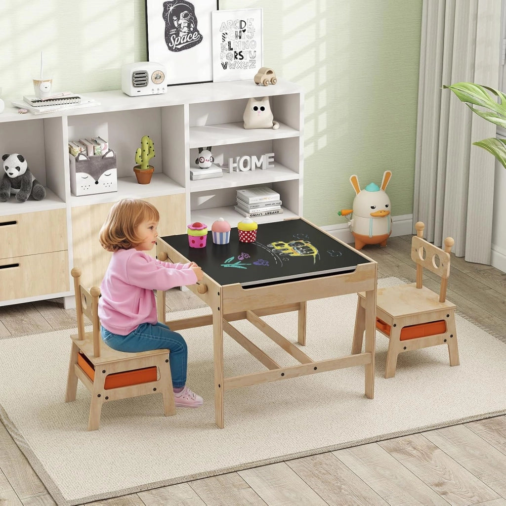 4 in 1 Set Tavolo e Sedie per Bambini 3+ Anni, Tavolo in Legno con Lavagna Reversibile Bianca e Nera, Sedie Ergonomiche con 2 Cassetti Portaoggetti, Ideale per Arti, Mestieri e Giochi (Robot)