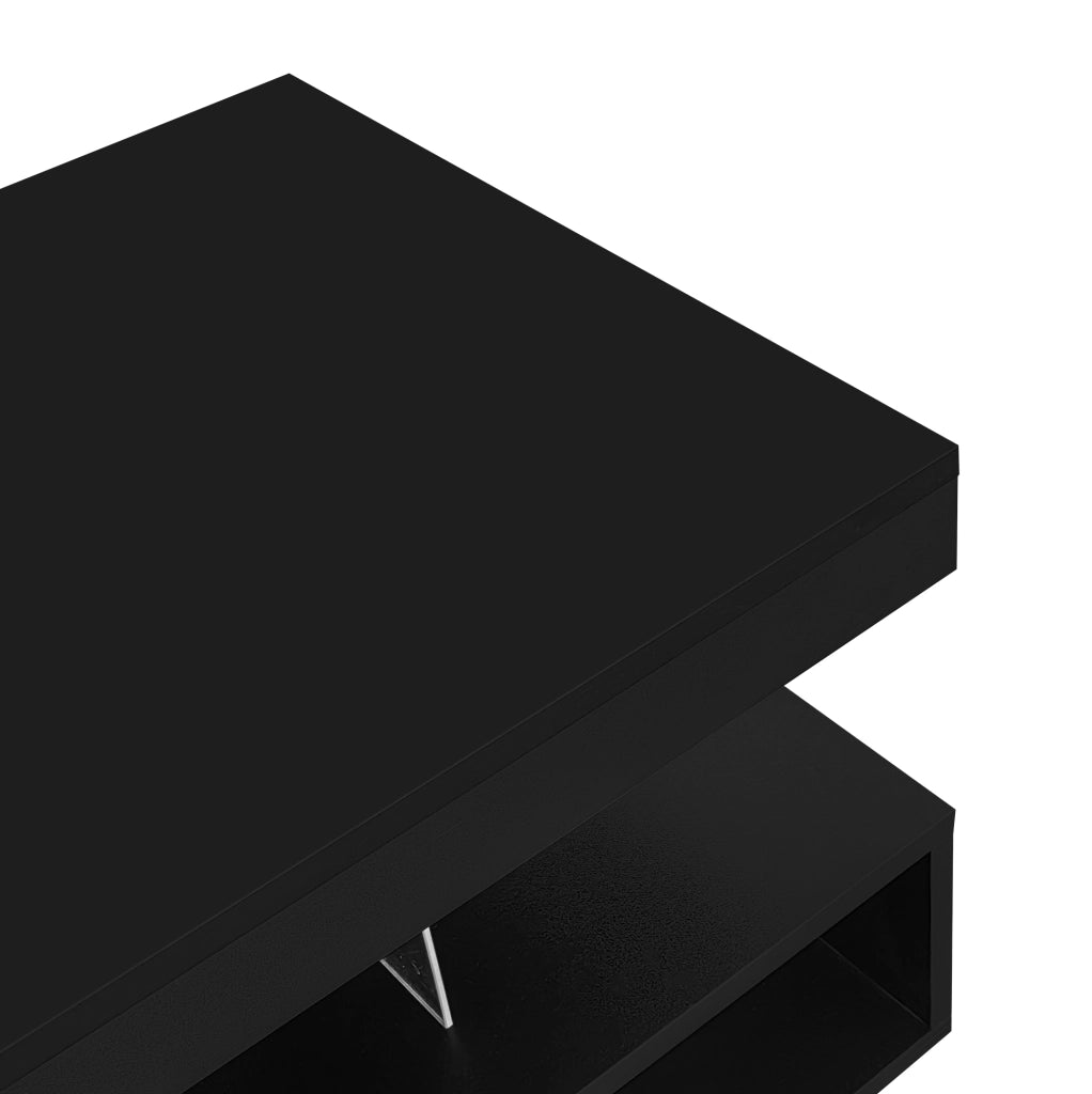 Tavolino da caffè nero lucido 95x50x42;5 cm con 4 inserti in vetro; 2 cassetti e 2 vani aperti