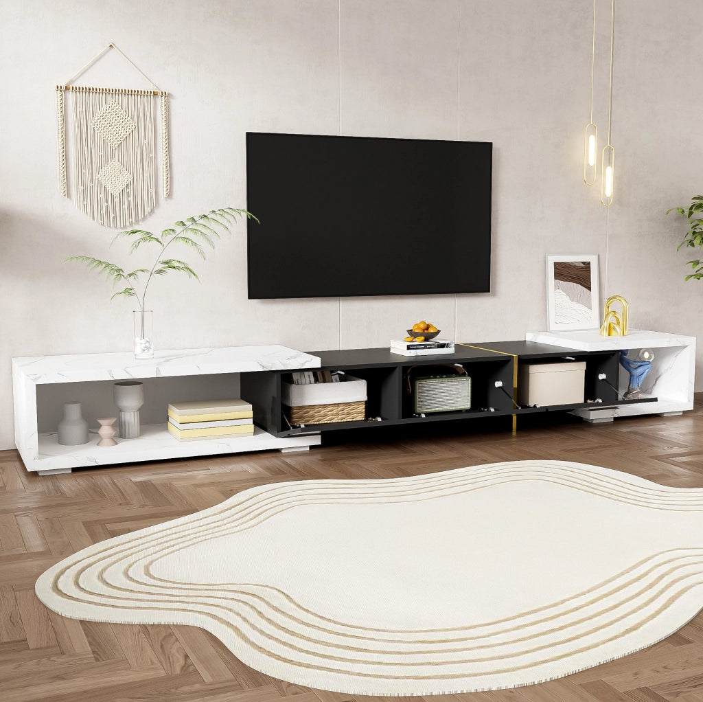 Mobile porta TV estensibile e girevole 140-260 cm effetto marmo bianco e nero