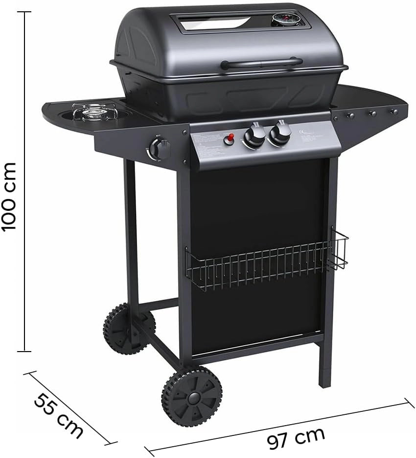 Barbecue a Gas Pietra Lavica 2 Fuochi + Fornello Piano Laterali Griglia Acciaio