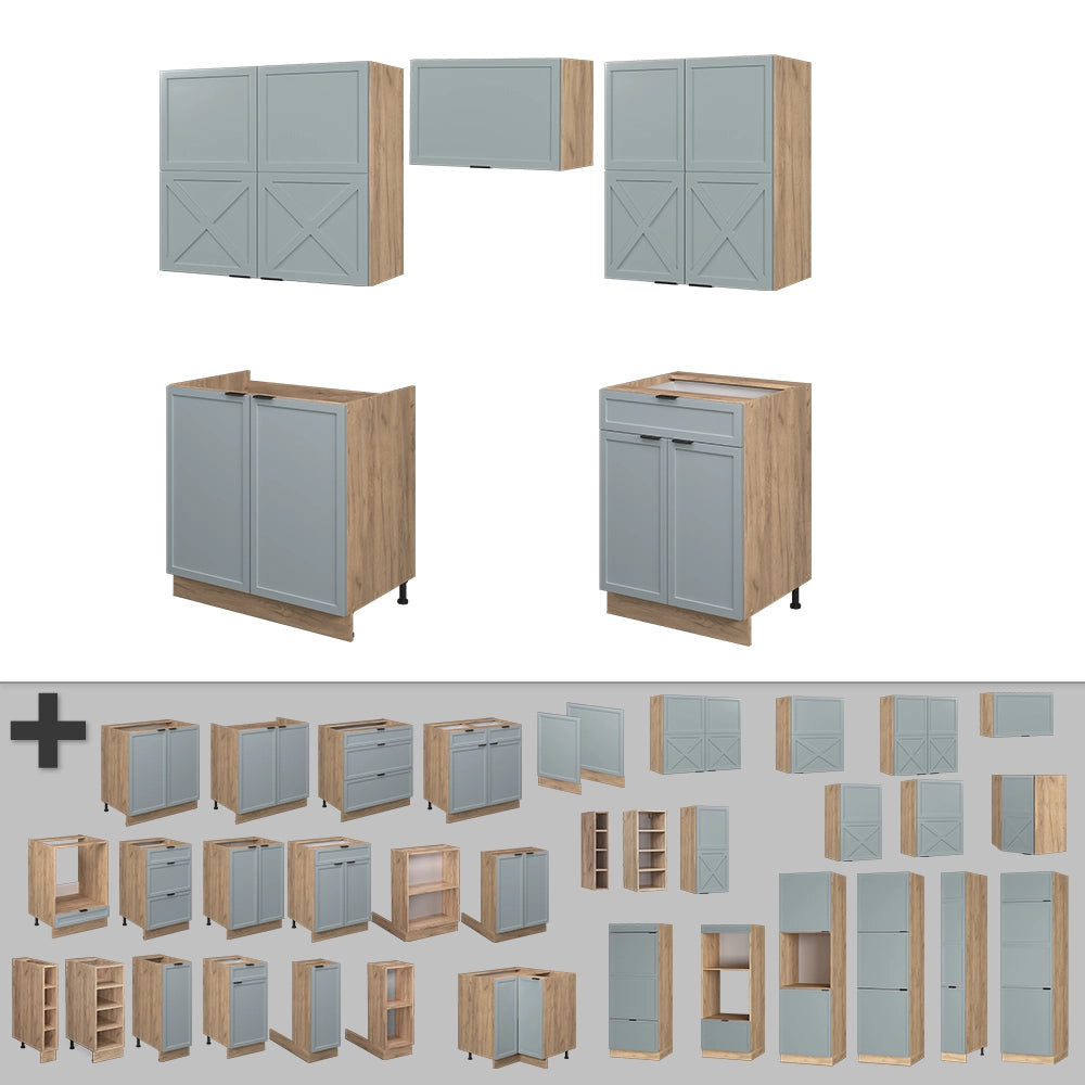 Vicco Cucina componibile Rovere blu-grigio chiaro/oro 200 cm senza piano di lavoro