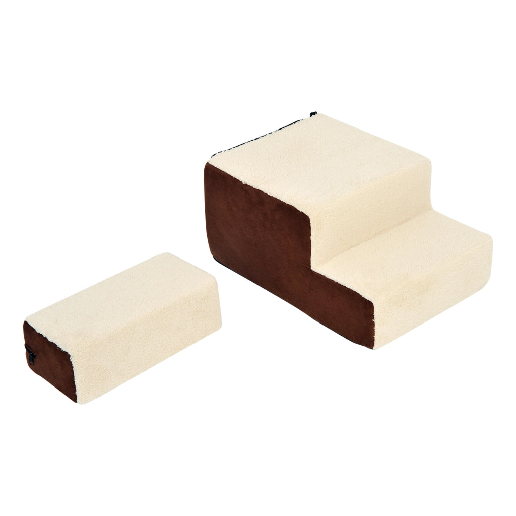 Scala per animali domestici in schiuma beige a 3 gradini con rivestimento in peluche 54x40x39 cm