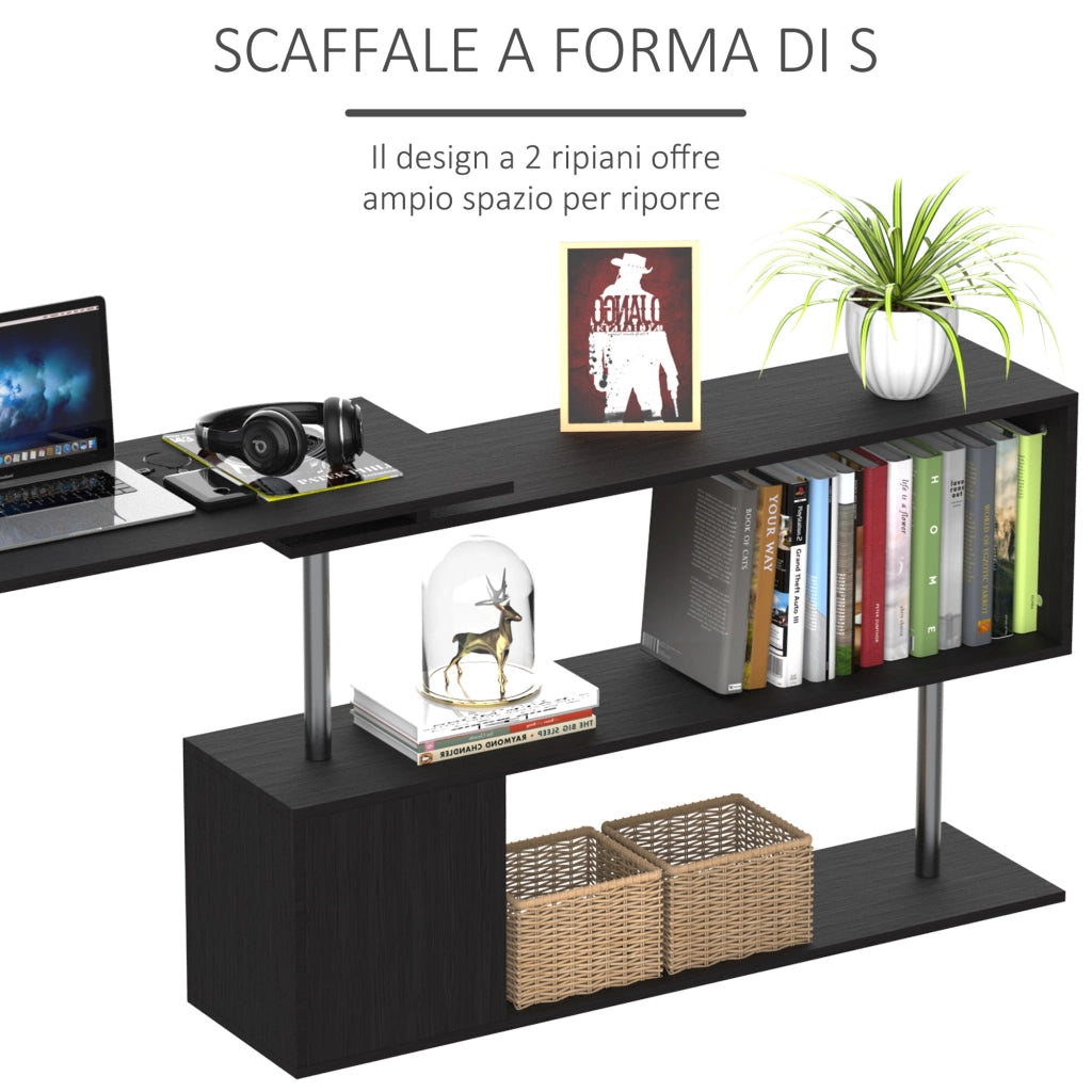 Scrivania Angolare Salvaspazio con Ripiano a S, Scrivania Moderna in Legno, 140x120x78 cm, Nero