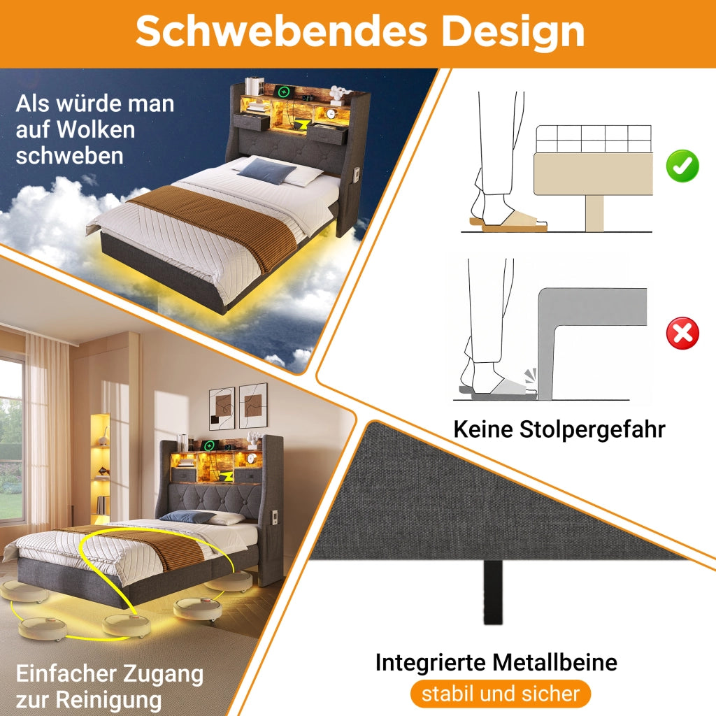 Letto matrimoniale 140x200 cm con LED, USB-C e materasso
