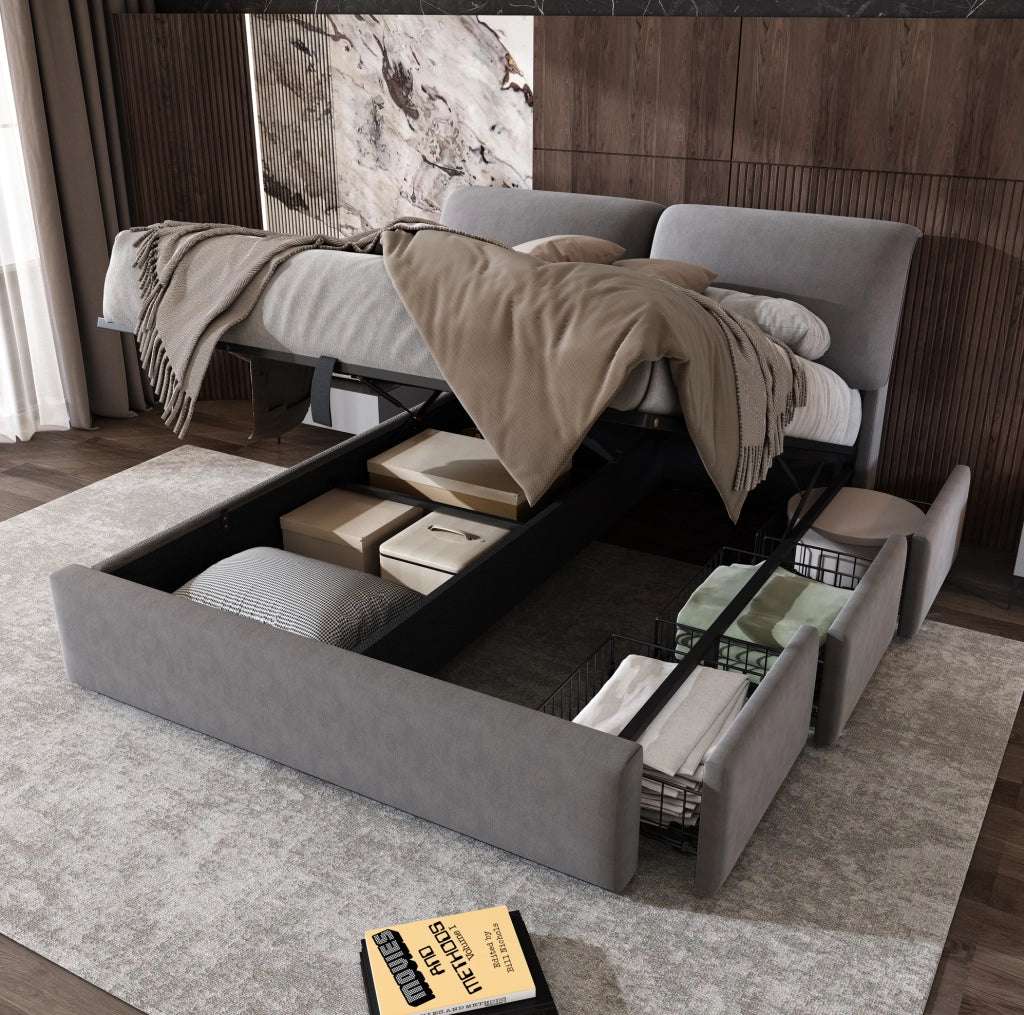 Letto imbottito grigio 140x190 cm con contenitore e 3 cassetti