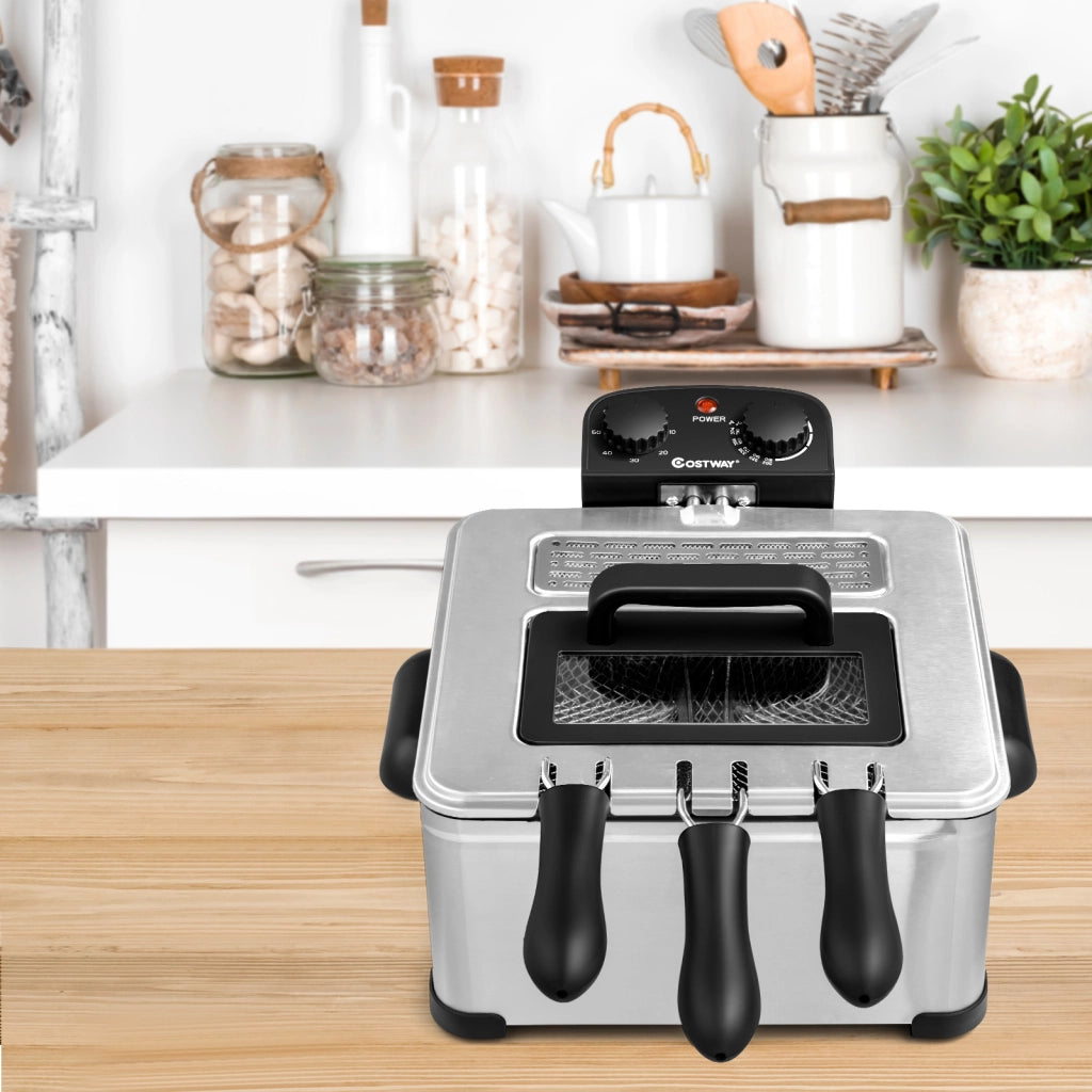 Friggitrice elettrica da 1700 w con 3 cestelli capacit¨¤ 5 l timer e temperatura regolabile coperchio con finestra, Friggitrice ad olio con manico antiscottatura