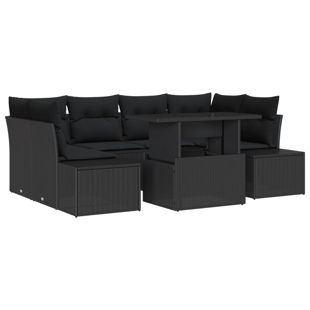 Set da Giardino a 7 Pezzi in Polyrattan Nero con Cuscini