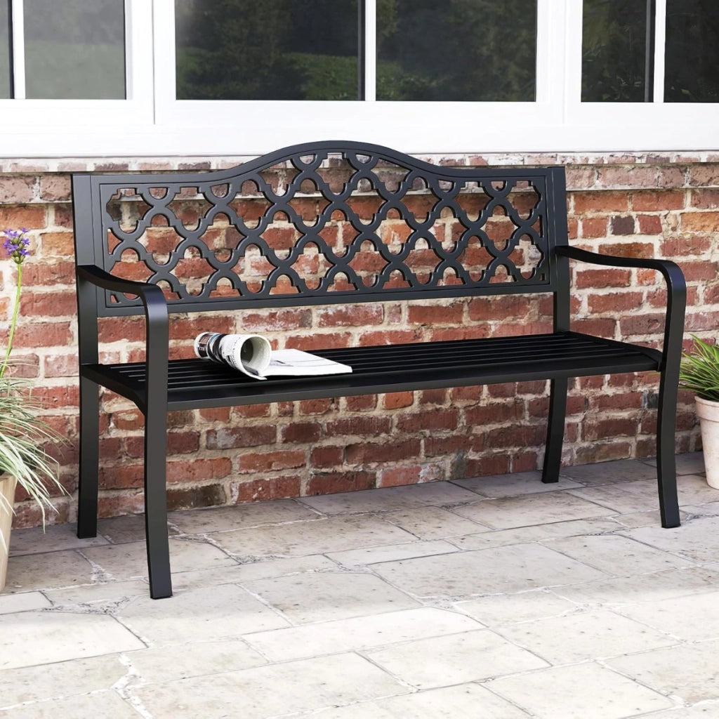 Panchina da patio da 128 cm per esterni, Panchina da giardino in metallo con doghe per 2-3 persone Nero