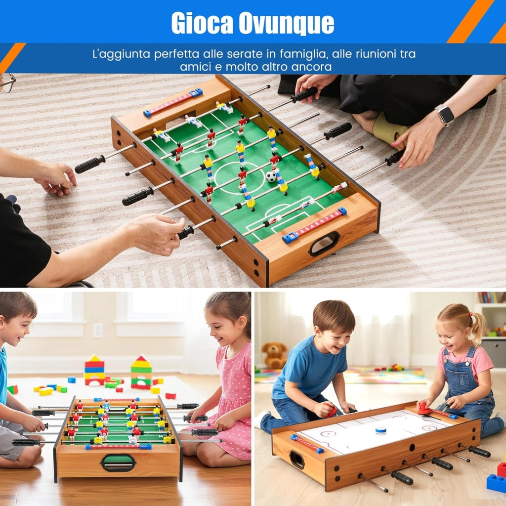 2 in 1 Calcio Balilla in Legno, Calcetto da Tavolo e Hockey da Tavolo con 6 Aste, con 2 Segnapunti, Biliardino per Bambini e Adulti da Casa, 69 x 36 x 10 cm