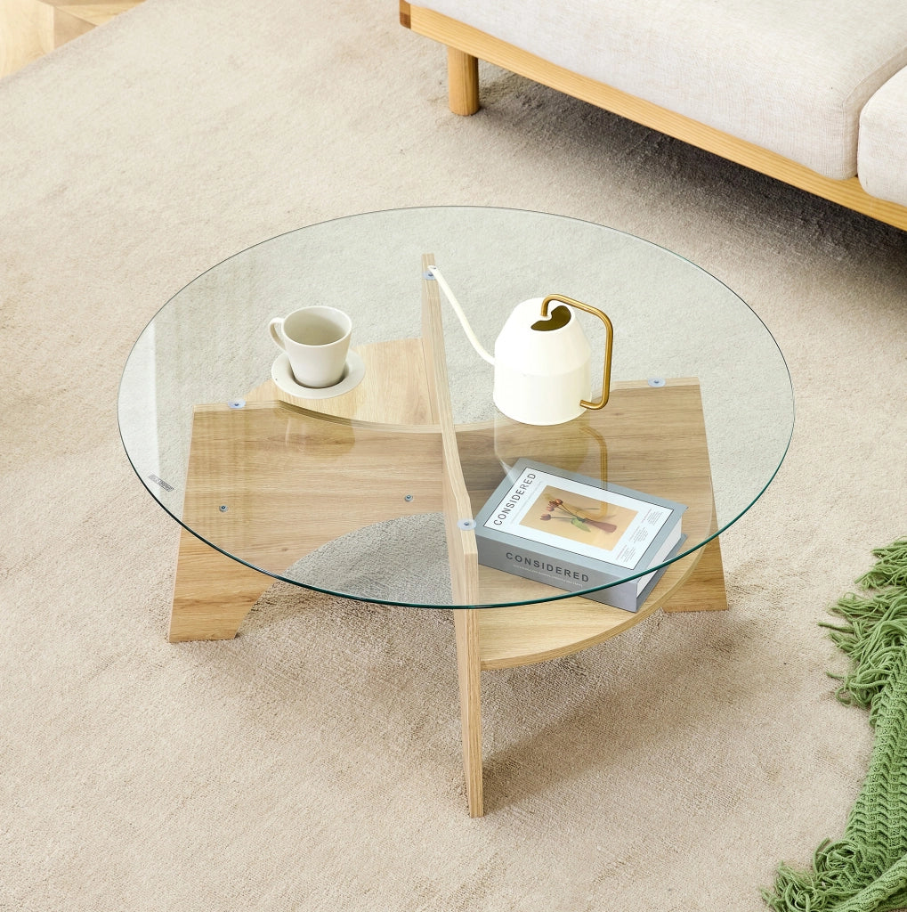 Tavolino da caffè rotondo ? 80 cm in vetro trasparente e MDF effetto legno