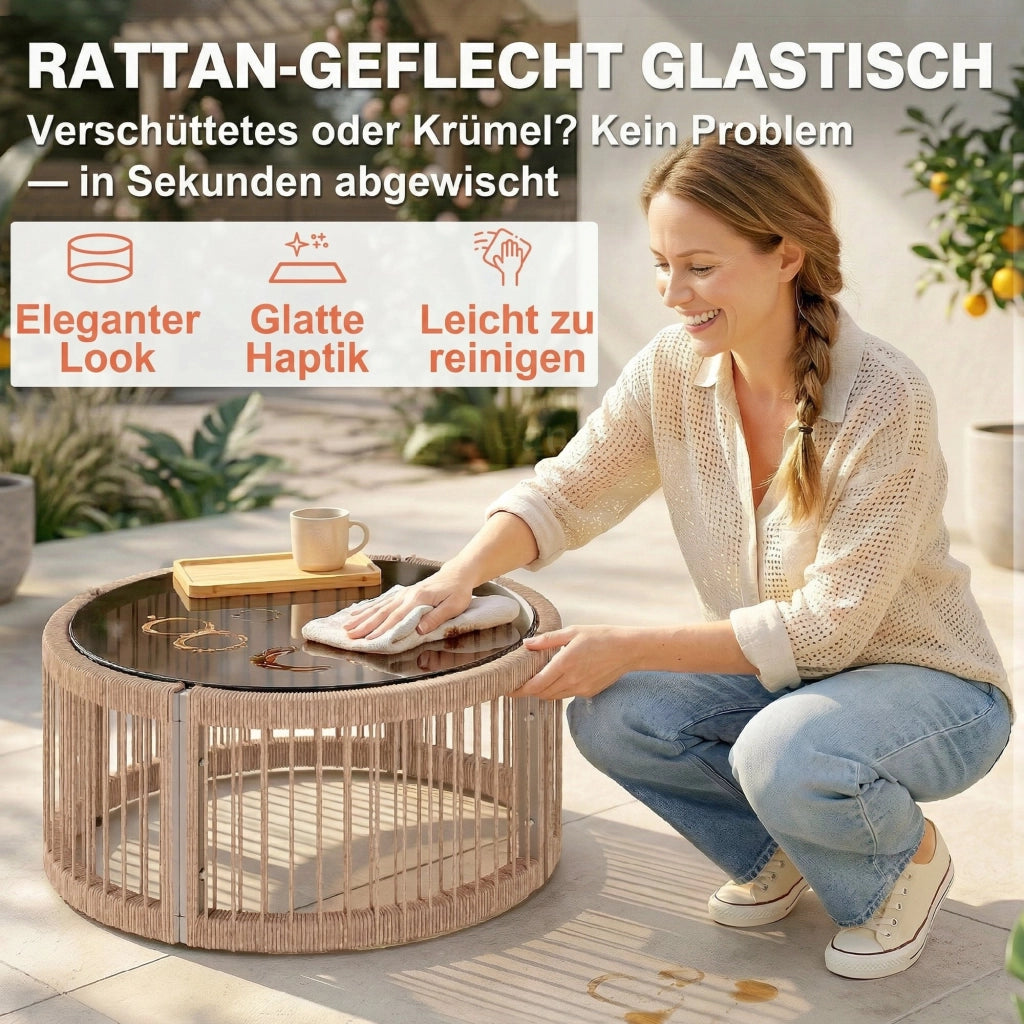 Set Lounge 4 Pezzi Polyrattan ¨C Zephmum ¨C Grigio, Cuscini Spessi, Tavolo Vetro