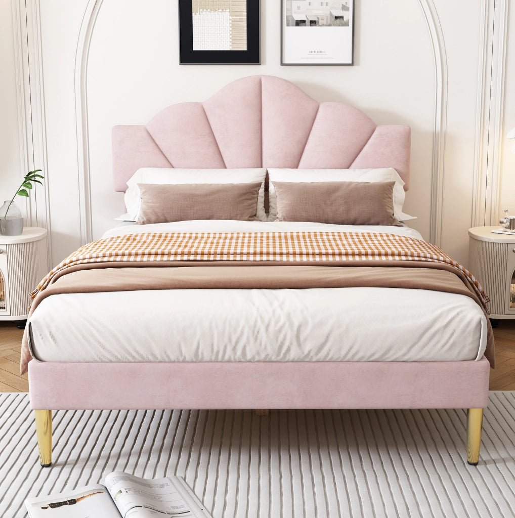 Letto matrimoniale imbottito in velluto rosa 140 x 190 cm
