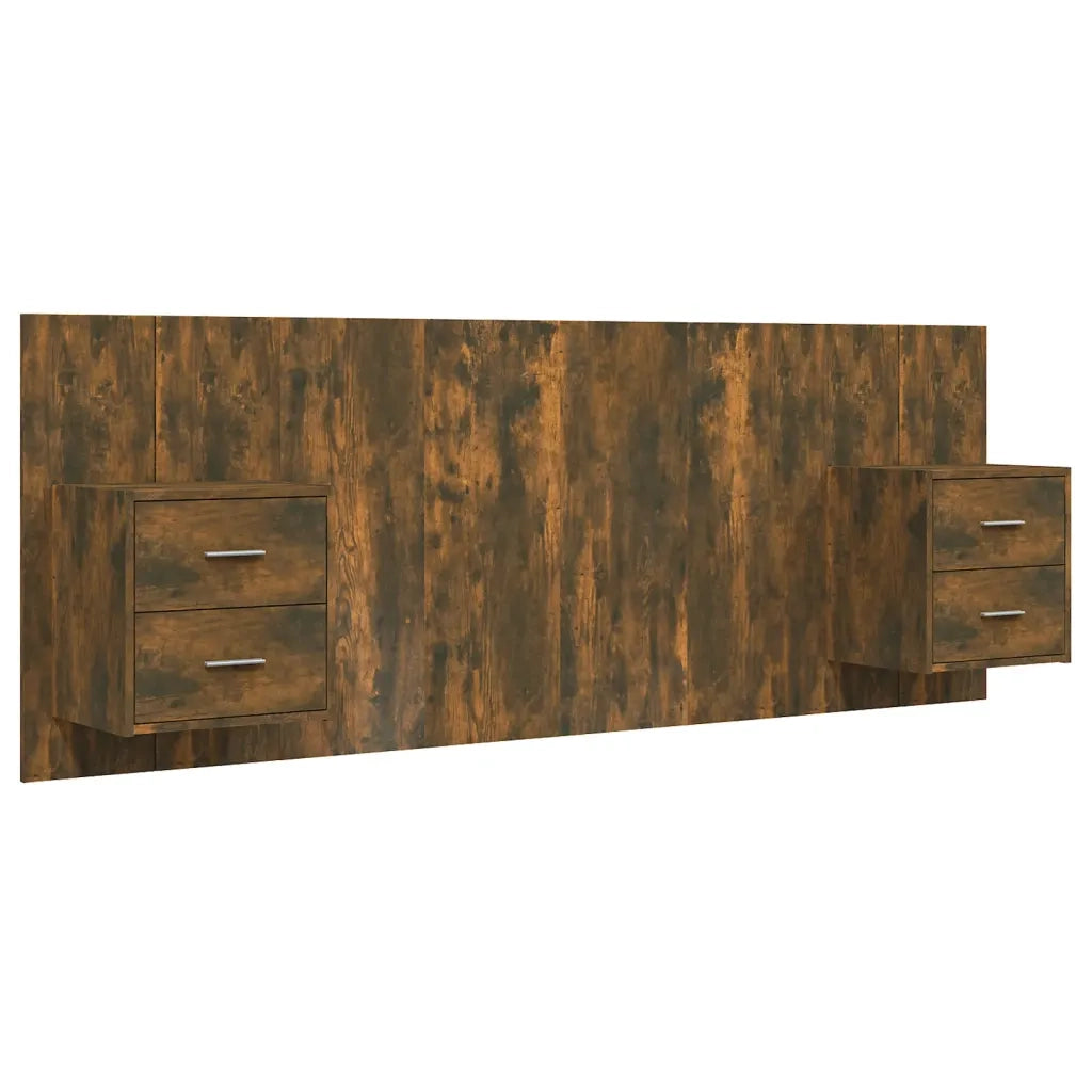Testiera Letto con Comodini-Testiera con Contenitore in Legno Multistrato Rovere Fumo 734436