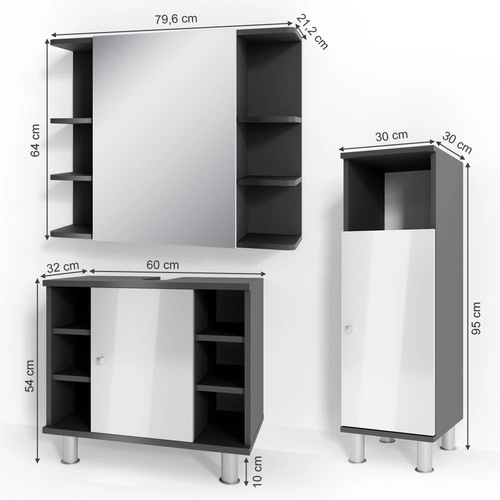Set mobili bagno Fynn, Antracite, 60 cm, composto da mobile sottolavabo, specchiera e mobile medio