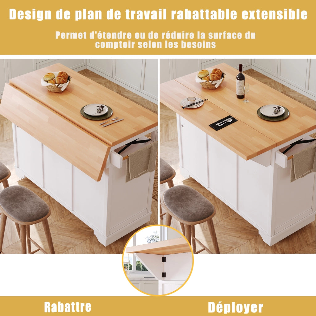 OKWISH Carrello da Cucina con 3 Cassetti e 2 Ante, Piano Pieghevole, Ripiani Regolabili e Ruote, Bianco