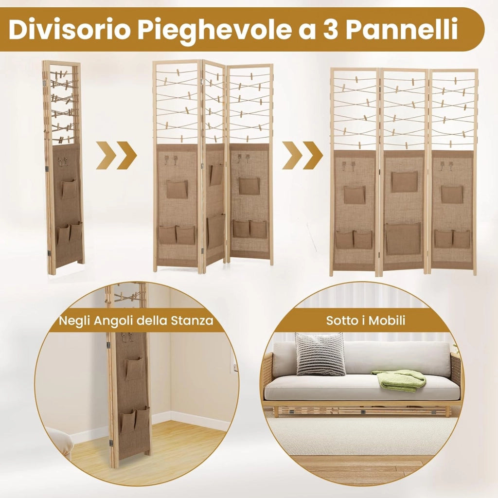 Paravento a 3 Pannelli, Separé Divisorio Pieghevole con 8 Tasche, 4 Ganci, Corde di Iuta per Appendere e 20 Clip in Bambù, Separatore di Spazio in Legno Boho per Casa e Negozi