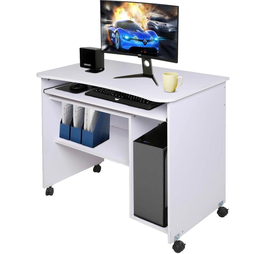 Scrivania con Ripiano Estraibile 93x48x76 cm con Ruote in MDF Bianco