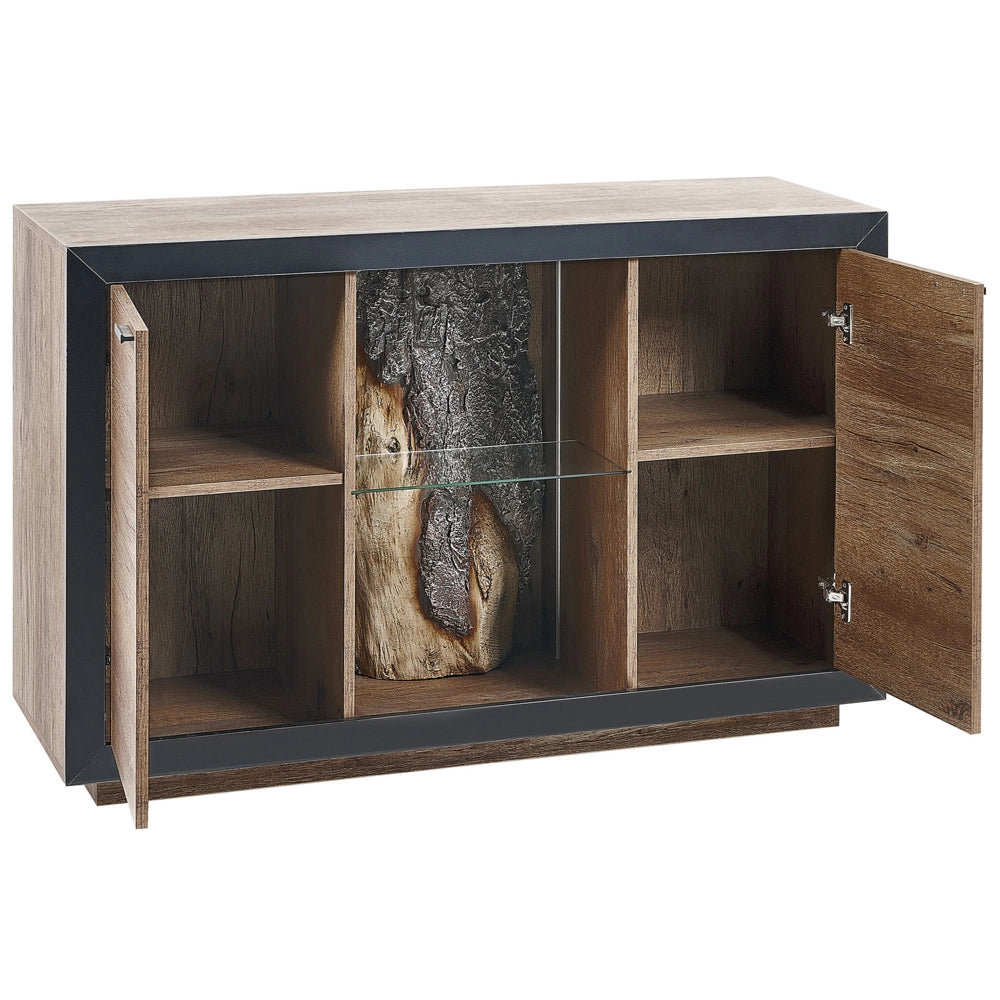 Credenza LED in legno chiaro nero 120 x 42 cm MDF con 2 ante e mensole soggiorno camera da letto rustico