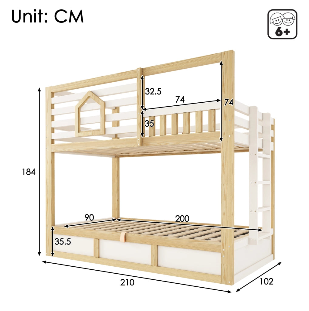 Letto a castello stile casetta 90x200 cm in legno bianco e rovere
