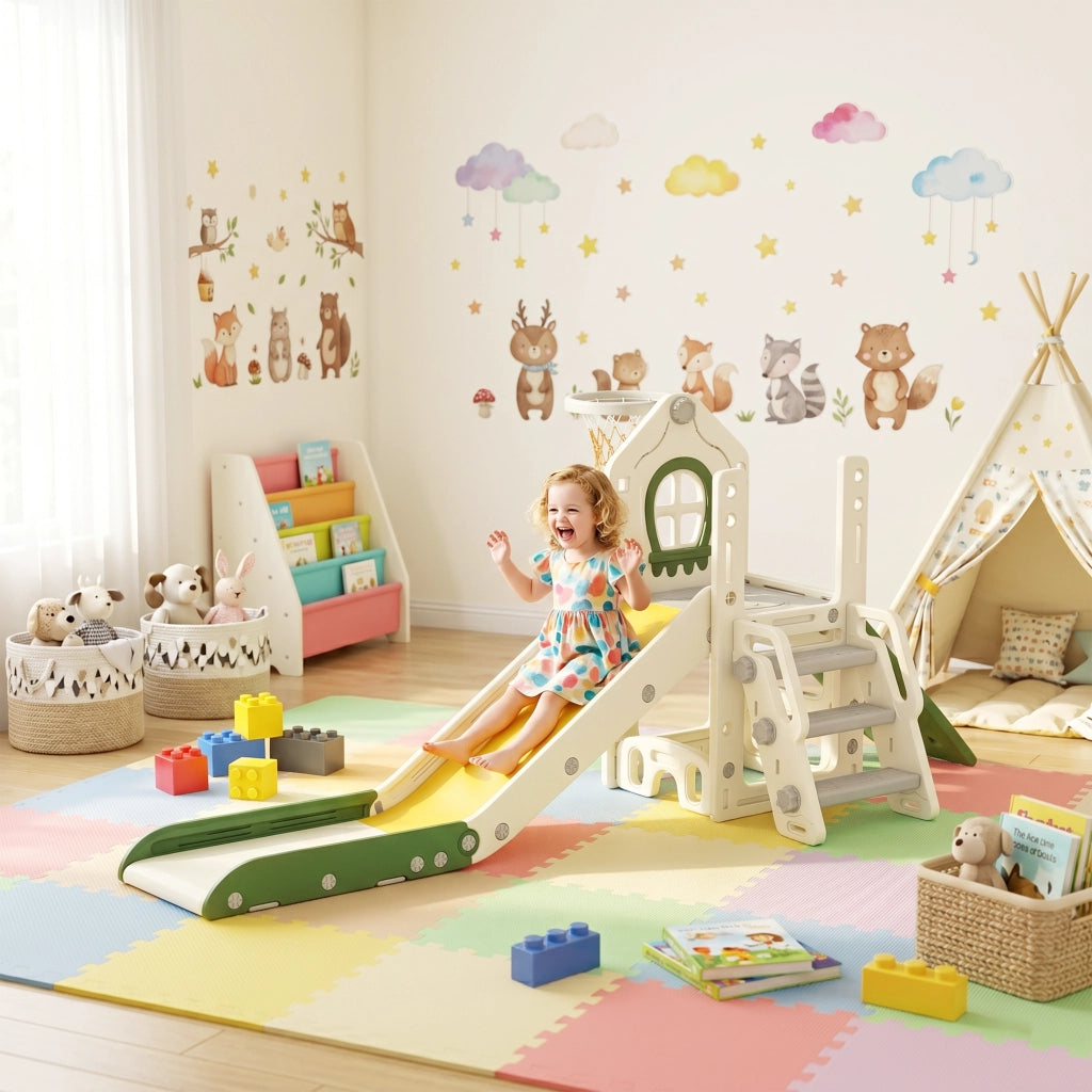 Scivolo pieghevole 4-in-1 con scala, canestro basket e contenitore ¨C Xylo ¨C bianco crema bambini 1-3 anni