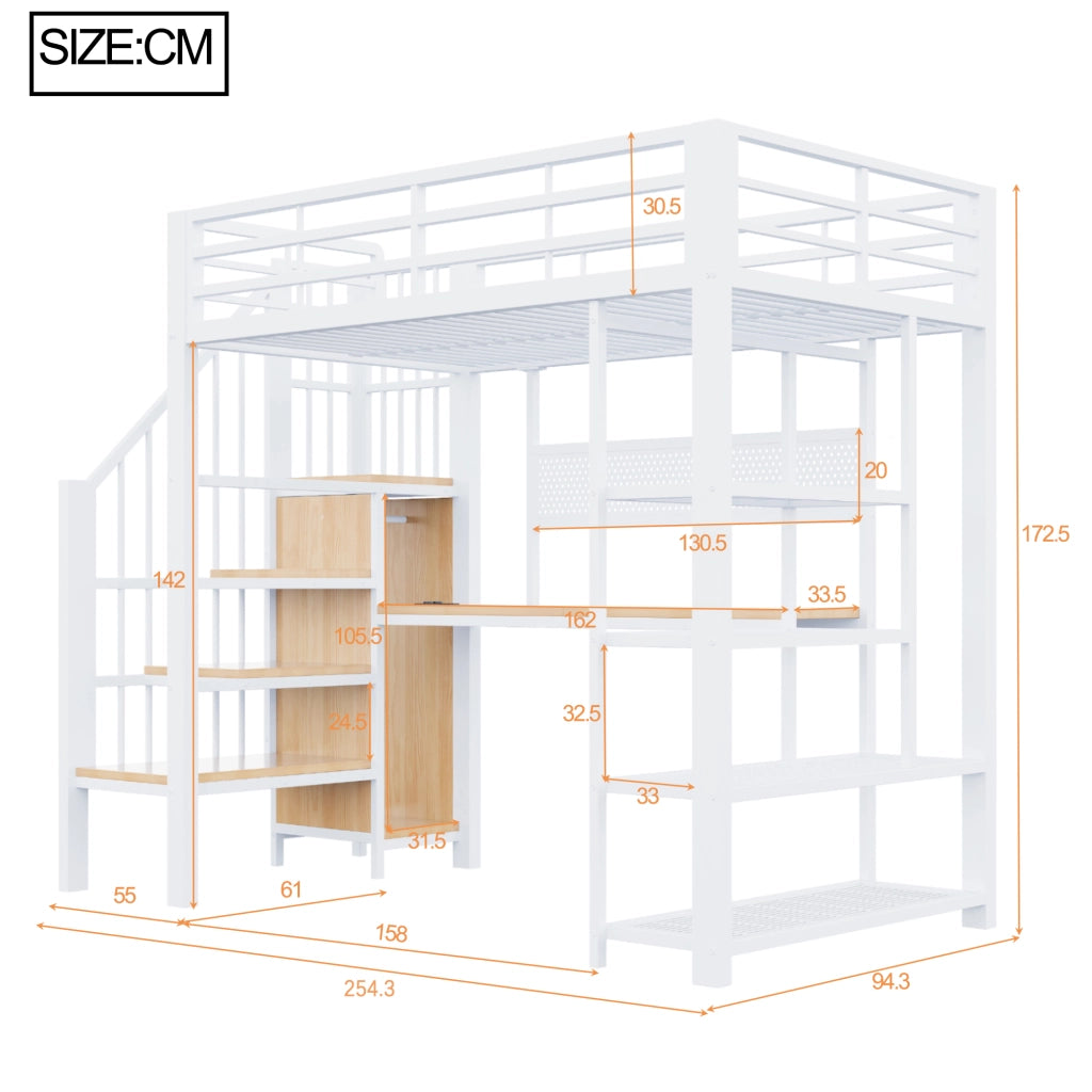 LETTO a soppalco 90 x 200 cm con scala contenitore, LED, prese, bianco