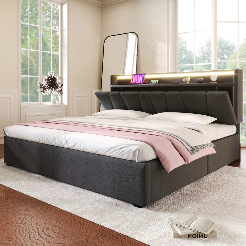 Letto Imbottito Contenitore 140x200 ¨C MINIMAL ¨C Grigio, LED, USB, Doghe in Legno