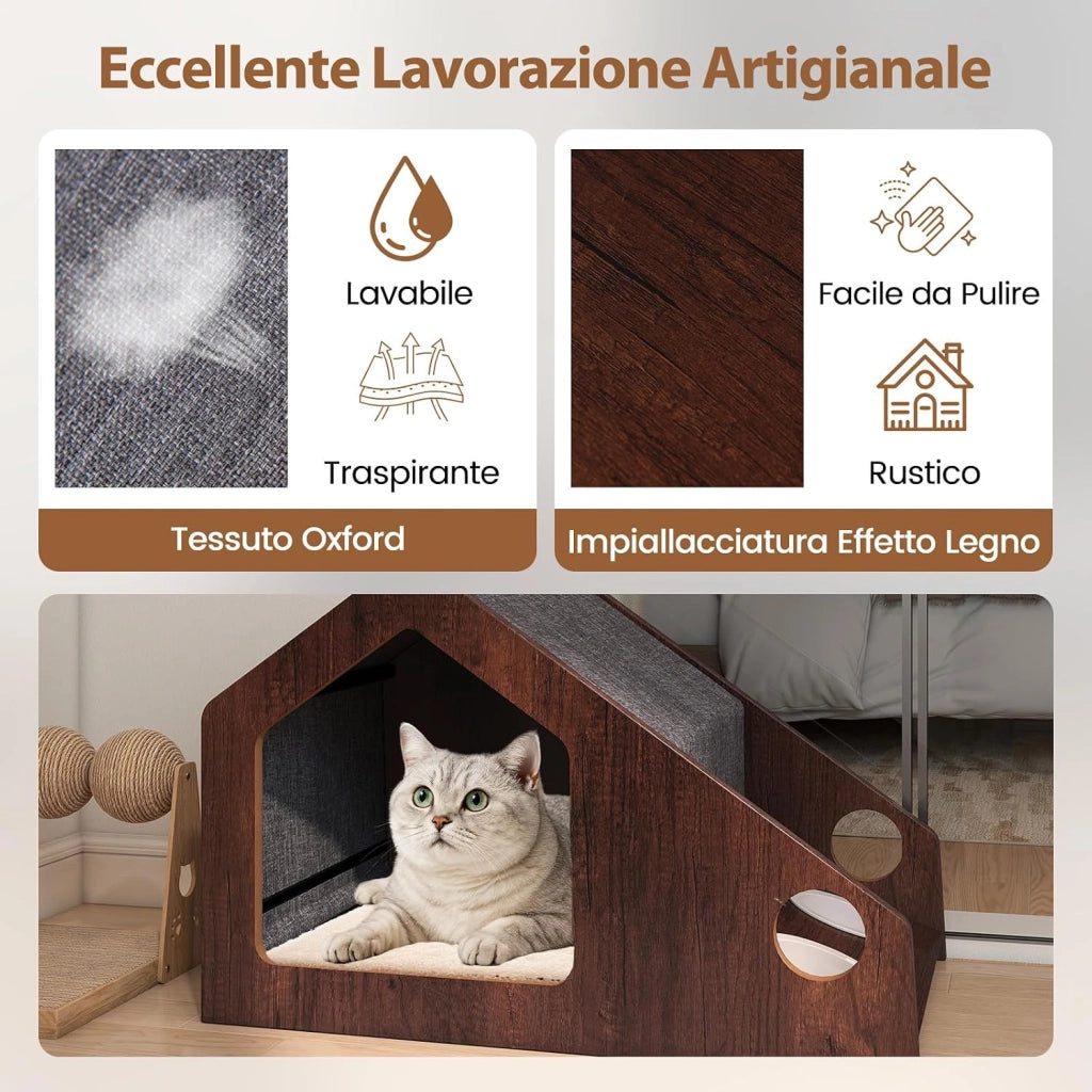 Casetta in Legno per Gatti da Interni, Condo per Gatti con Stazione di Alimentazione, Tetto Rimovibile e Struttura in Metallo, Cuccia per Gattini in Stile Fattoria, 60 x 40 x 40 cm